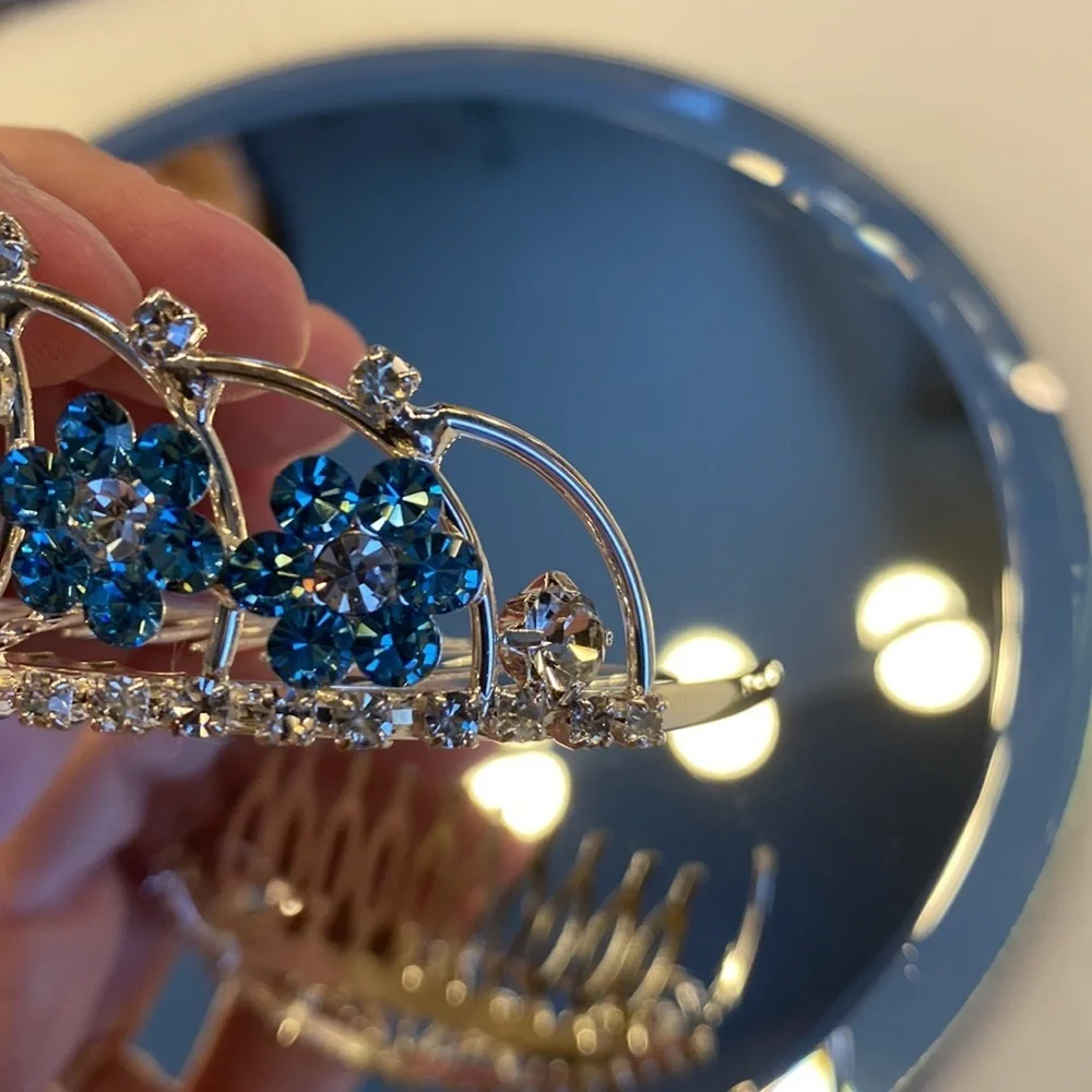 Kids Mini Crystal Tiara Comb Clear and Aqua Blue Rhinestones